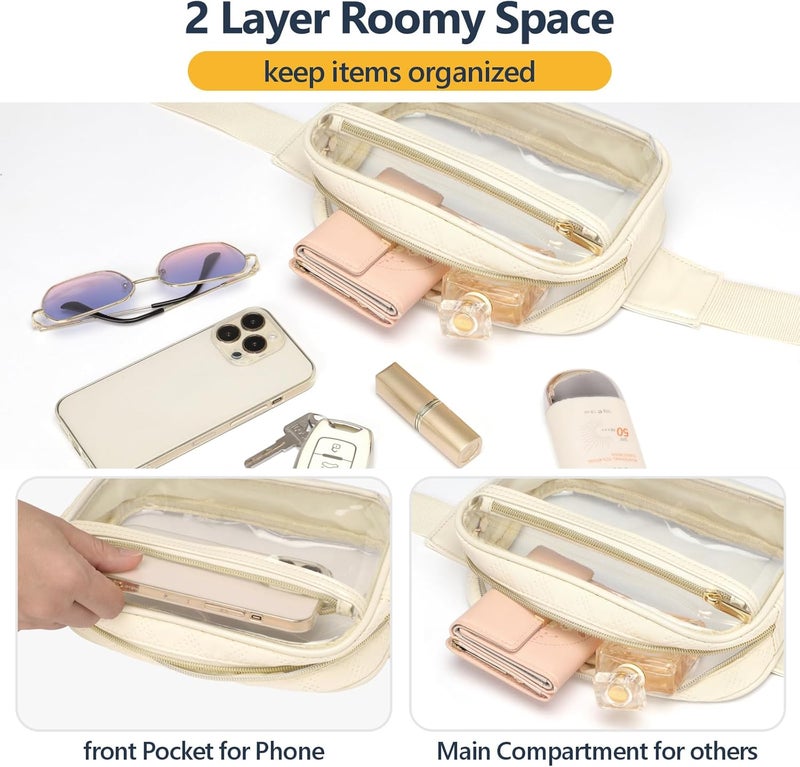 Packism Clear Fanny Pack for Women - Plus Size Wiast Range 35" - 51" Clear Belt Bag Stadium Approved PVC & Quilted Cotton Transparent Waist Bag for Sports & Concerts, Beige Yellow - Image 3